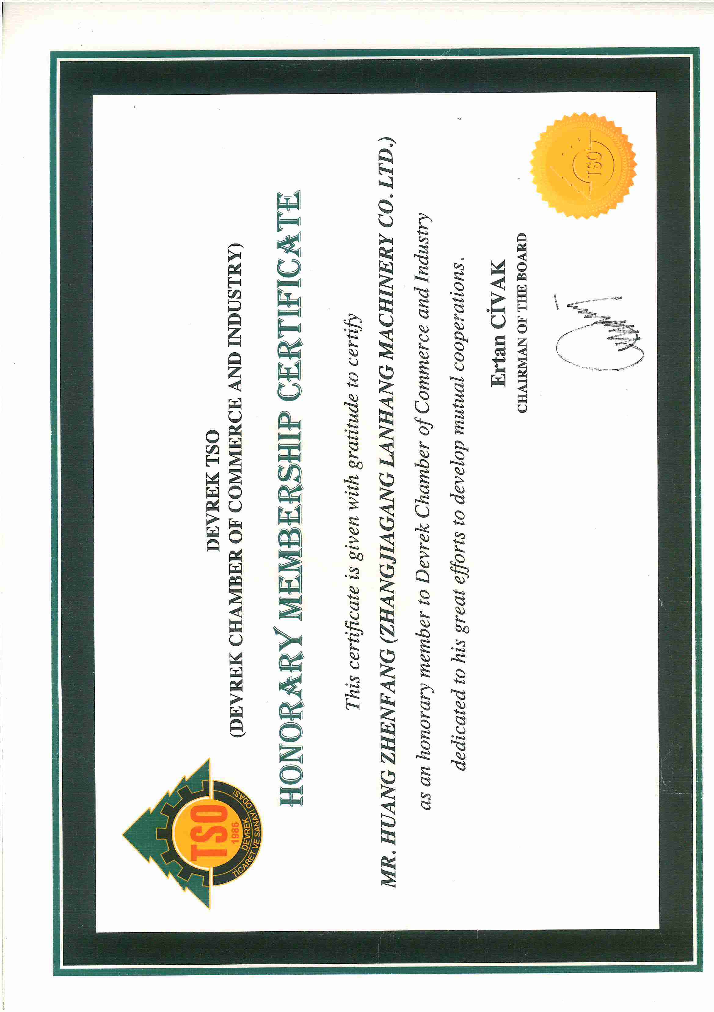 Certificate of Honor of the Turkish Chamber of Commerce
